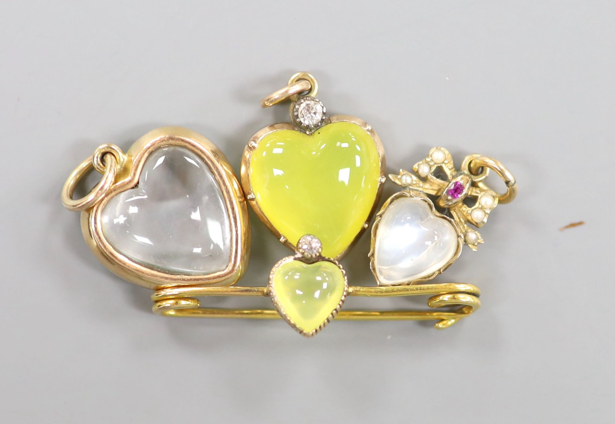 A yellow metal green chalcedony? and diamond set heart bar brooch, 34mm and three other heart shaped pendants including enamel and gem set, gross 11.4 grams.